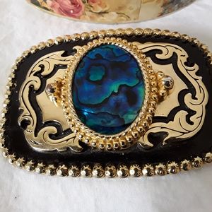 Mens/metal gold and black belt buckle/ blue center abalone shell?/2in.x31/2in.